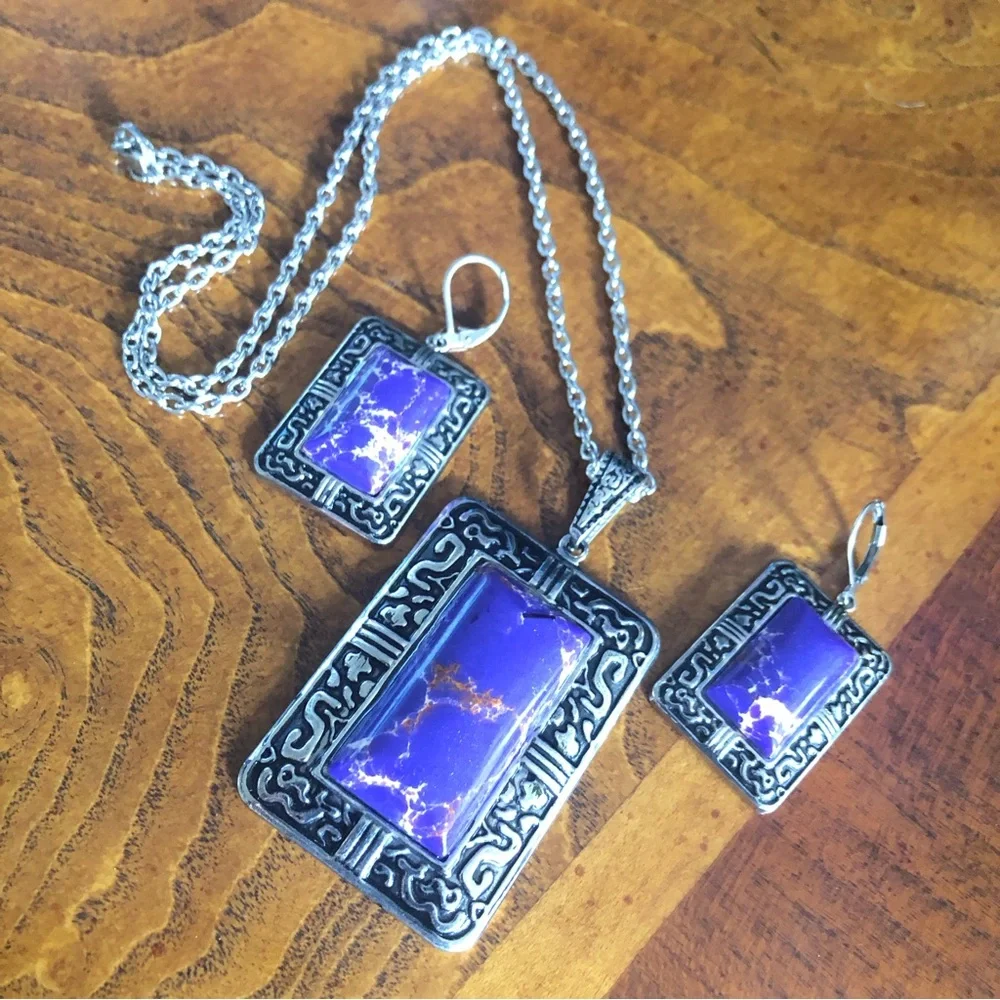 Filigree rectangle natural purple turquoise jewelry set